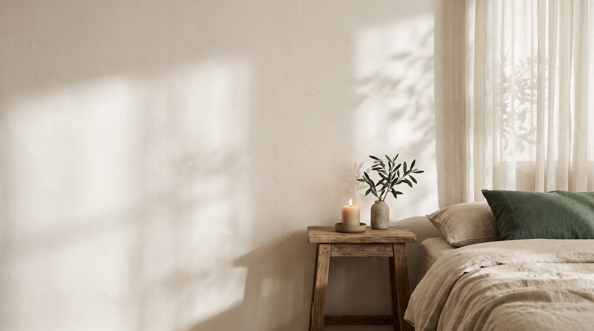 Calm bedroom corner with soft morning light